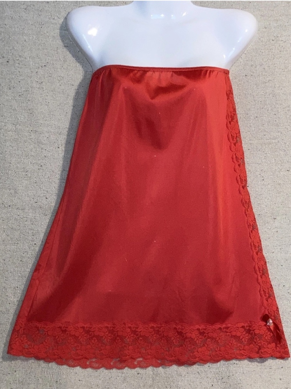 Vintage Red Nylon Antron 11 Satin Shiny Half Slip Wide Lace Trim Silky Skirt